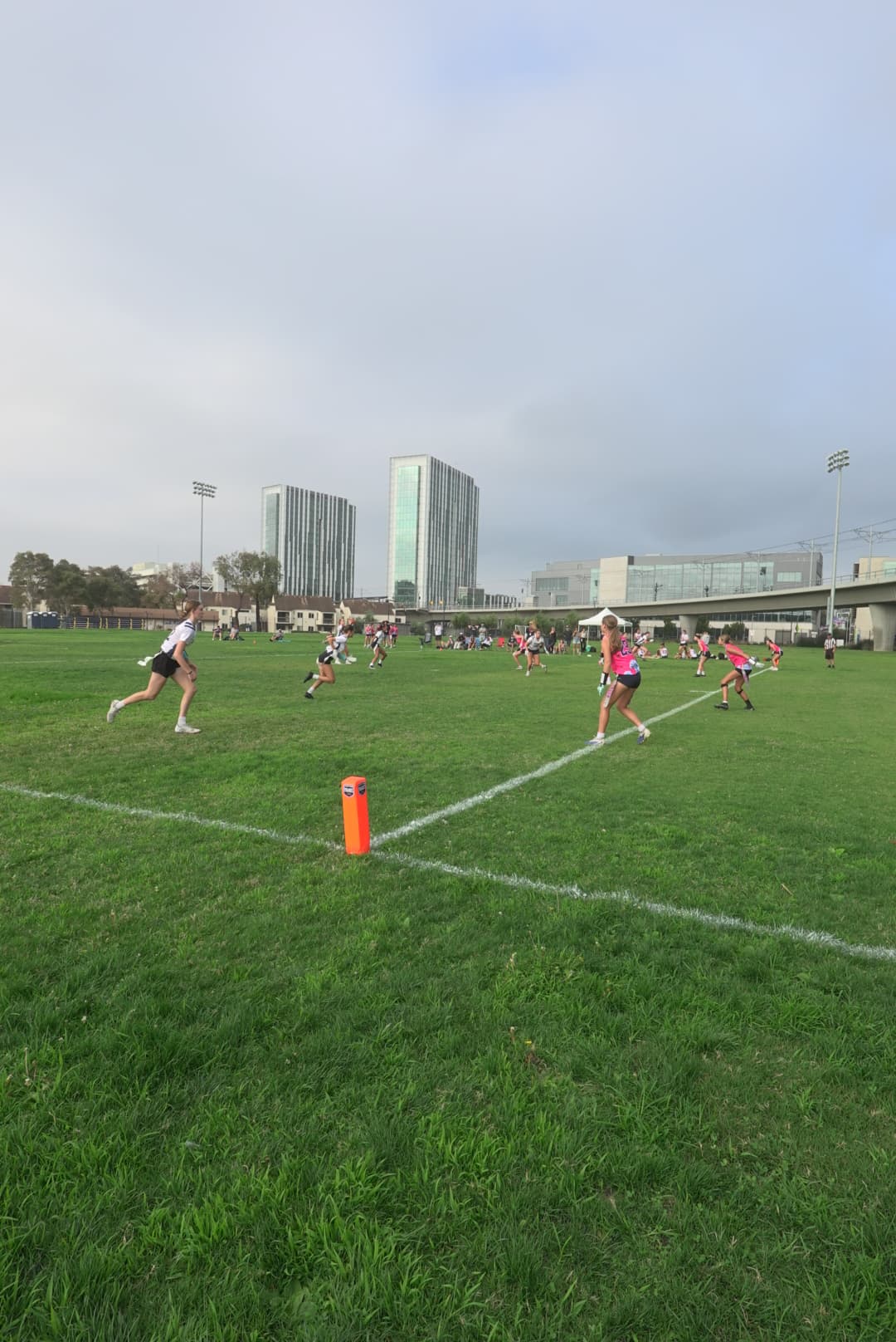 Wide view of a flag football game