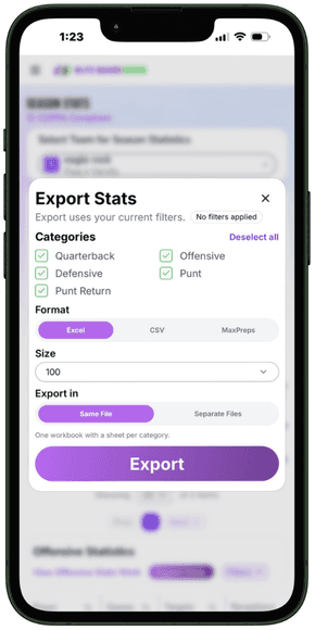 Stats export on a phone